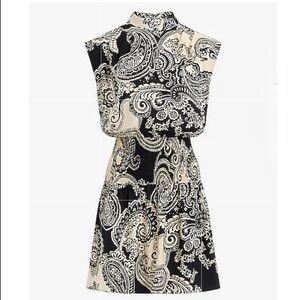 Express Black and Cream Paisley Mini Dress with Mock Turtleneck NWT